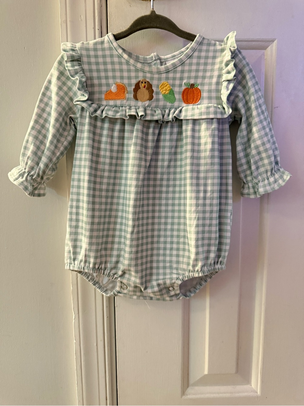 Stitchy Fish Light Green Gingham Baby Romper with Fall Thanksgiving Embroidery